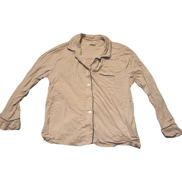 Soma Button Front Pajama Top Long Sleeve Pink Black Trim SZ L Lounge Cozy Rayon - Picture 1 of 4